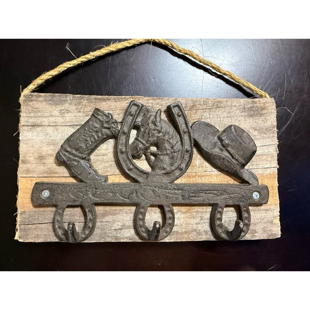 Cast Iron Horseshoe Cowboy Boot Hat Key Rack Reclaimed Wood Wall Hook Rustic